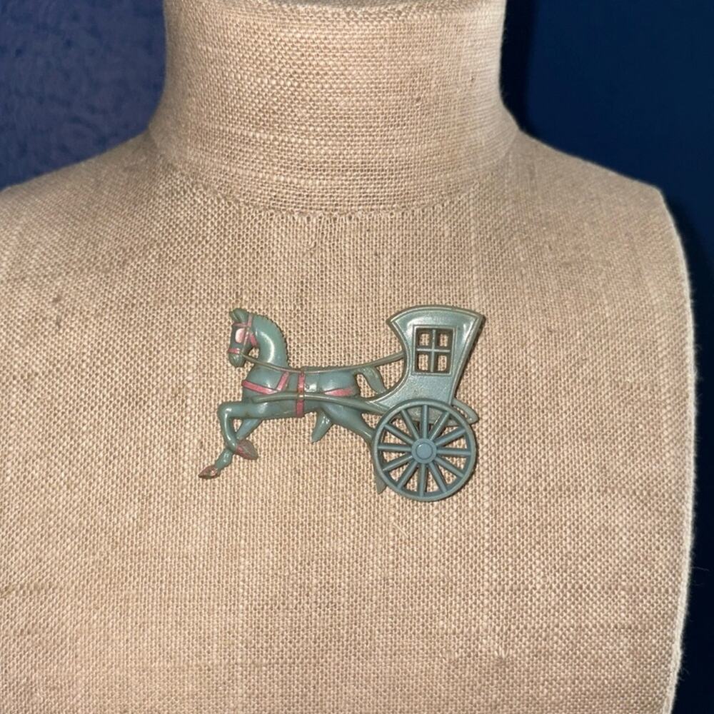 Vintage 1940s Blue & Pink Celluloid Horse and Carriage Brooch – Rare Figural Des